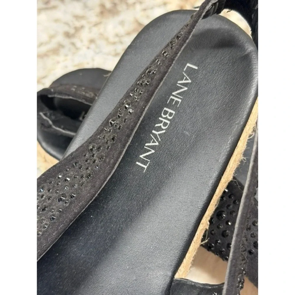 Lane Bryant Womens 9W Black Rhinestone Espadrille Slingback Peep Toe Flat Sandal